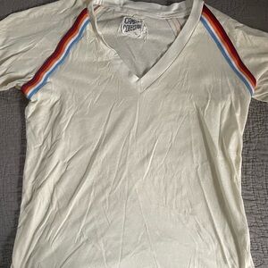 Camp Collection Women's White V-Neck Top with Rainbow Stripes